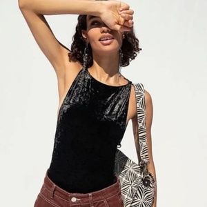 Intimately Free People PURPLE crushed velvet sleeveless thong bodysuit high neck